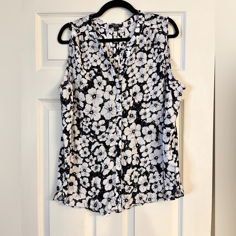 Navy and white floral blouse.